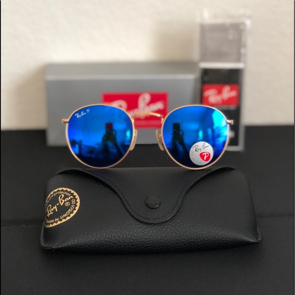 Ray-Ban Round Flat lens Metal Arista Gold Blue Gradient Mirror - RB3447N  001/3F - Sunglasses - IceOptic